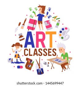 Art classes banner vector illustration. Girl and boys drawing, painting, sketching on with equipment. Education, enjoyment concept. Pencils, watercolor, crayons. Creative people.