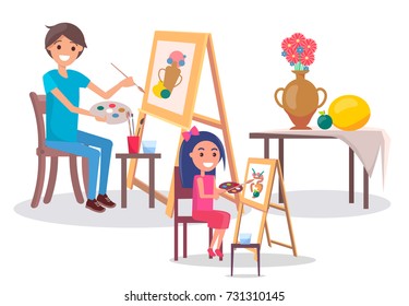 Art Classes With Father And Daughter. Adult Man And His Kid Girl Drawing Still Life Picture Of Vase With Flower And Fruits Vector Illustration