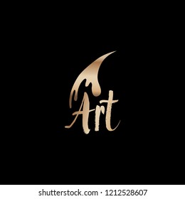 Art classes golden lettering logo design with brush. Calligraphy school and masters with bronze handdrawn fonts. Gold metal sign on black background. Creativity logotype. Isolated vector