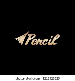 Art classes golden lettering logo design with word Pencil. Broken pencil vector sign. Calligraphy school with bronze handdrawn fonts. Gold metal sign on black background. Creativity logotype