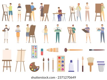 Art classes icons set cartoon vector. Children paint. Education tool