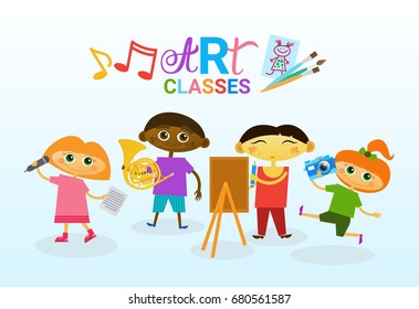 Art Classes For Kids Logo Creative Artistic School For Children Banner Flat Vector Illustration