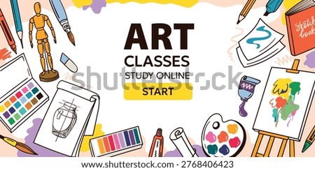 Art classes online study background for education course and school learning, colorful vector banner with palette, easel, paint, brush, pencil and sketchbook, hand drawn supplies.