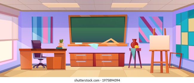 Art classroom with easel, chalkboard, paintings on wall and teacher desk. Vector cartoon illustration of empty school class interior with artist equipment for education children to draw