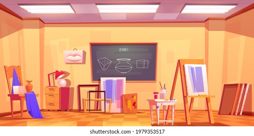 Art classroom, empty artist studio interior with blackboard and stuff canvas on easel, paint brushes, wooden stool, composition of plaster shapes and frames for pictures, Cartoon vector illustration