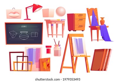 Art classroom furniture, equipment for artist studio. Easel, chalkboard, frames, canvas, paints and brushes. Vector cartoon set of school class interior for education children to draw