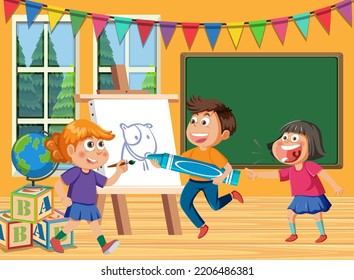 Art classroom with happy students illustration