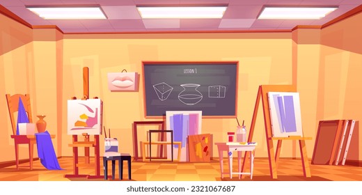 Art classroom interior with furniture and painting equipment. Vector illustration of light school room, drawings on easles, picture on wall, sketches on blackboard. Creative design workshop, education