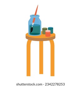 Art classroom, a stool with a jar of water and paints, a brush, cartoon style.  Painting tools elements, Art supplies. Trendy modern vector illustration isolated on white, hand drawn, flat design