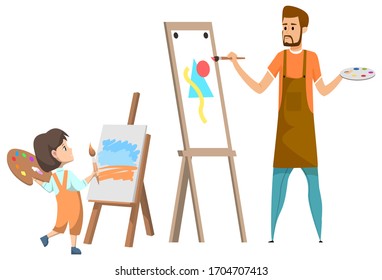 Club de arte después de clases para alumnos. Niña parada cerca de la orilla y dibujando pintura. Maestra con paleta de pintura enseñando a niños a dibujar.De vuelta al concepto escolar. Ilustración vectorial de caricatura plana