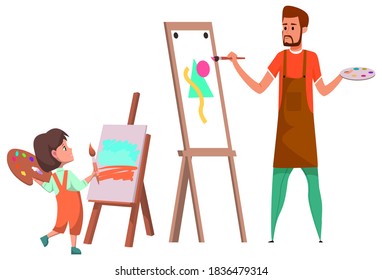 Art club after lessons for pupils. Little girl standing near easel and drawing painting. Teacher with paint palette teaching kid how to draw. Back to school concept. Flat cartoon vector illustration