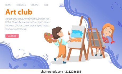 Art club of children's creativity. Girls paints scenery with brush on canvas. Female artist draws picture on easel, creates sketch of landscape. Landing page for drawing lessons and creativie classes.