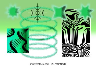 Art collage of abstract textures and geompetic elemens and forms in futuristic neo-brutalist bold trendy style. Dithered and glitched ornaments suitable for presentation or poster design.