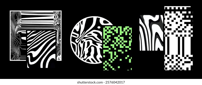 Art collage of abstract textures and geompetic elemens and forms in futuristic neo-brutalist bold trendy style. Dithered and glitched ornaments suitable for presentation or poster design.