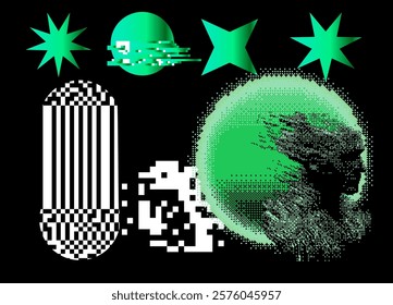 Art collage of abstract textures and geompetic elemens and forms in futuristic neo-brutalist bold trendy style. Dithered and glitched ornaments in black and green colors.