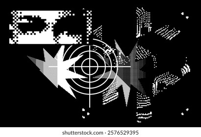 Art collage of abstract textures and geompetic elemens and forms in futuristic neo-brutalist bold trendy style. Dithered and glitched ornaments suitable for presentation or poster design.