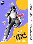 Art collage banner. With halfone faces. Flyer design in pop art cartoon style. In violet and yellow and red colour. With torned noted paper and speech bubble and female with crown.