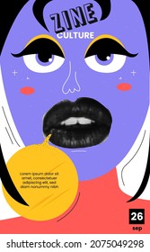 Cartel de collage de arte. Con la cara de la mujer y los labios de media luna. Diseño de volantes en estilo de caricatura de arte pop con elementos de doodle. En color violeta y amarillo y rojo