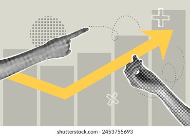 Art collage of business growth concept . Half tones of hands raising a graph with an upward arrow. Teamwork, work efficiency, partnership concept. Trendy modern retro vector illustration 