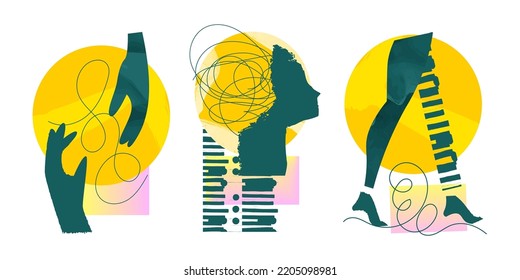 Art collage with chaos in girls head. Mental health, personal emotion, trouble, anxiety, stress. Contemporary creative psychology vector illustration. Abstract shape, surrealism, human emotions