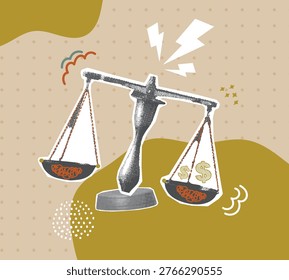 Art collage concept about the unfair scales of justice with money.