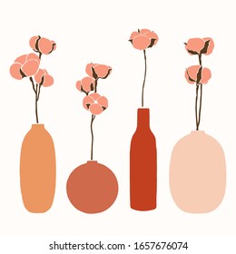 Art collage of cotton flowers in a vase in a minimalistic trendy style. Silhouette of a cotton branch in a simple abstract style. Vector illustration for print t-shirts, cards, posters, social media