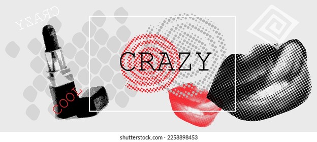 Art collage crazy poster with lips and abstract geometric shapes, makeup pop background vector