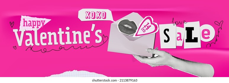 Art collage designs for 14 february. With halfone hand and lips. Contemporary template for banner. Cut out on pink glued texture. New wave style for generation z