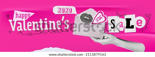 Art collage designs for\
14 february. With halfone hand and lips. Contemporary template for\
banner. Cut out on pink glued texture. New wave style for\
generation z