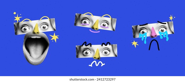 Art collage designs. With halfone faces in abstract popart style. With cartoon eyes and lips doodles. Variations of different emotions. Vector illustration 