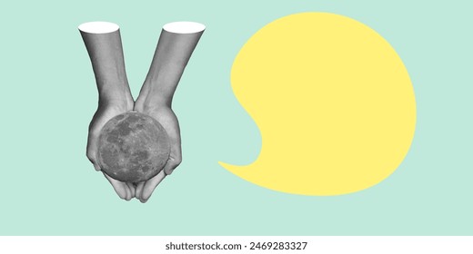 Art collage. Female hand holding moon on blue sky background.