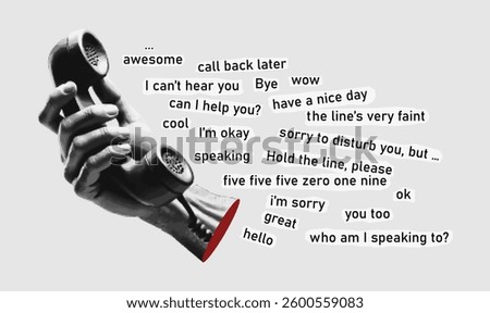 Art collage halftone of hand hold retro telephone receiver speech phrases of a telephone conversation. Vector.