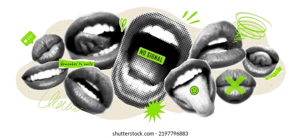 Art collage with halftone mouths and green elements. Magazine style, grunge textures. Composition with female lips, smile, kiss, scream, mouth with tongue. Concept of poster, ideas, creativity