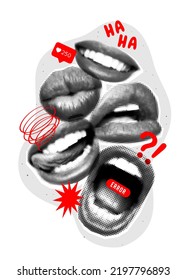 Art collage with halftone mouths and red elements. Magazine style, halftone textures. Composition with female lips, smile, kiss, scream, mouth with tongue. Concept of poster, ideas, creativity.