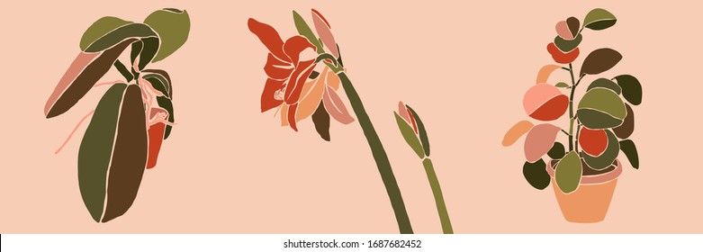 Art collage houseplant leaves and flowers in a minimal trendy style. Silhouette of orchid, amaryllis and peperomia plants in a contemporary simple abstract style on a pink background. Vector