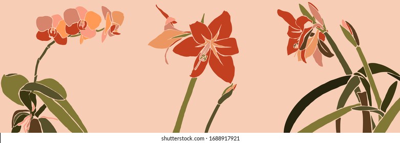 Art collage houseplant leaves and flowers in a minimal trendy style. Silhouette of orchid, amaryllis plants in a contemporary simple abstract style on a pink background. Vector illustration
