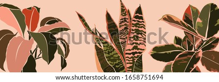 Art collage houseplant leaves in a minimal trendy style. Silhouette of sansevieria, Spathiphyllum and ficus plants in a contemporary simple abstract style on a pink background. Vector illustration