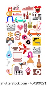 Art collage of leisure and hobby icons. Vector images isolated on white background. 