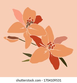 Art collage lily flower in a minimal trendy style. Silhouette of lily plants in a contemporary simple abstract style on a pink background. Vector illustration For t-Shirt Print, card, poster, flyer