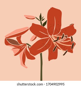 Art collage lily flower in a minimal style. Silhouette of red lily plants in a contemporary simple abstract style on a pink background. Vector illustration For t-Shirt Print, card, poster, flyer