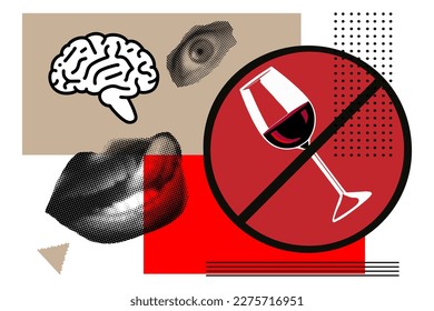 Art collage with lips, abstract elements. Concept alcohol partiality, prohibition.