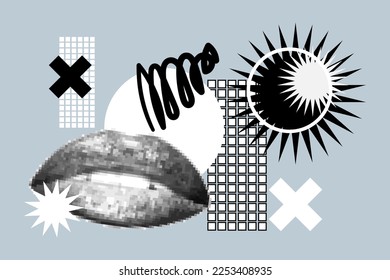 Art collage with lips and abstract geometric shapes, pop background vector