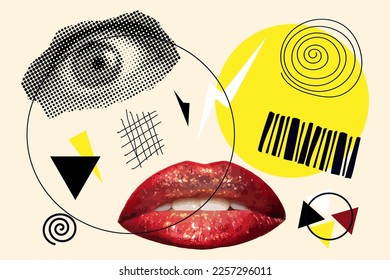 Art collage with lips and halftone eye, geometric shapes, line. Pop modern poster with trendy elements