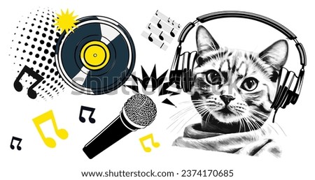 Art collage with music cat and microphone. Music plate and disco modern abstract design vector. Hand made collage, not AI generative