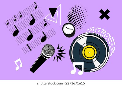 Art collage with music notes and microphone. Music plate and disco modern abstract design vector