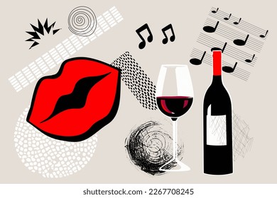 Art collage party concept with wine and red lips, music piano notes. Fashion modern poster