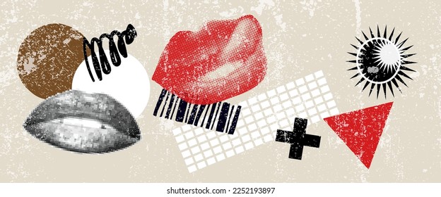 Art collage poster with lips and abstract geometric shapes, pop background vector