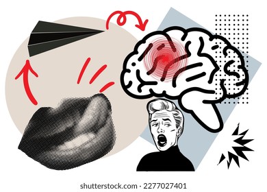 Art collage poster with lips and abstract geometric shapes, pop background vector
