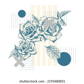 Art collage vintage and flower roses  halftone   circles  Zine Culture style banner  Hipster trending concept Tattoo  t  shirt design  Realistic hand drawn sketch  Skeleton head Vector illustration