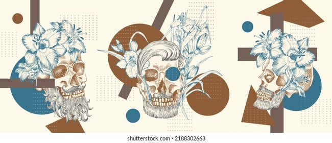 Art collage vintage human skull with wreath flowers lily. Zine Culture style banner. Hipster barber shop concept. Tattoo, t-shirt design Realistic hand drawn sketch. Skeleton head Vector illustration